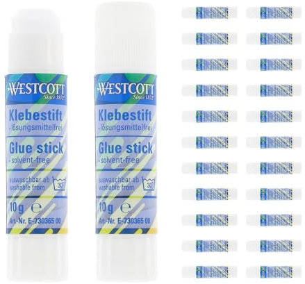 Westcott Klebestift 10g (24 Stück) |24er-Vorteilspack Bastelkleber mit 1,5cm transparentem Klebestreifen | Klebt stark und dauerhaft | 100% lösungsmittelfrei | Bei 30° abwaschbar | E-730365 00