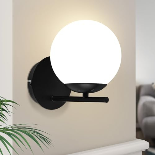 ZMH Wandleuchte Innen Wandlampe Schwarz - Bettlampe Glaskugel E27 Metall Wandbeleuchtung Vintage Design Schlafzimmerlampe für Flur Schlafzimmer Wohnzimmer Kinderzimmer Gang Bett (ohne Leuchtmittel)