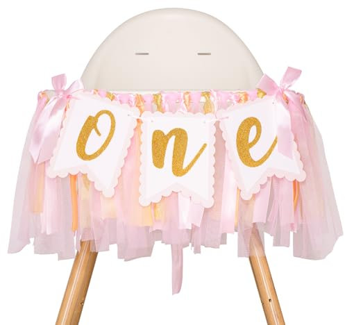 G2PLUS Pink ONE Highchair Banner: 1st Birthday High Chair Banner, for Baby 1st Birthday Party, Photo Props, Ribbon and Card