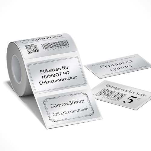 NIIMBOT M2 Thermotransfer-Etiketten 50x30 mm, Selbstklebendes Etikettenband nur für M2 Etikettendrucker, PET Material, wasserdicht und hochtemperaturbeständig,225 Etiketten/Rolle, Silver