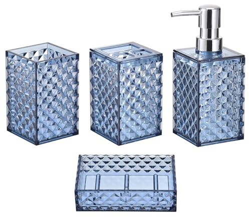 QUARKZMAN Ensemble de 4 Accessoires de Salle de Bain, Distributeur de Savon et Porte-Brosse à Dents en PS, Gobelet, Porte-Savon, pour Lavabo de Salle de Bain, Bleu