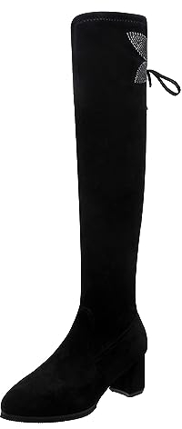 Scarpe Donna Stivali Estivi Traforati Primaverili Stivali Lunghi Imbottiti Elastici Alti al Ginocchio Elasticizzati per L'Aumento 'Altezza del Tacco Grosso in Pelle Scamosciata Semplice (Black, 37)
