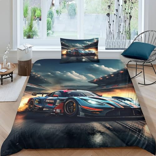 TNFHSOFT Rennwagen Bettwäsche Premium Atmungsaktive Angenehme Baumwolle Sportwagen Bettbezüge, Mit Reißverschluss Bettdeckenbezug, 3teilig Bettbezug + Kissenbezug
