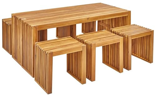 Gartentisch Set 6-Sitzer Akazienholz Hellbraun 2 Tische und 6 Hocker Bellano