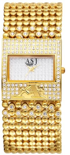JewelryWe Damenuhr Gold Rechteckig Uhr: Glitzer Strass Analog Quarz Armbanduhr Damen Breit Metallarmband Perlenarmband Lässige Uhr Golduhr mit Eckigem Diamant Zifferblatt