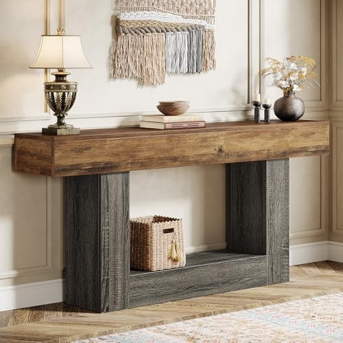 Tribesigns 63 Console Table, Farmhouse 2-Tier Entryway Table with U-Shaped Base, Narrow Long Wood Sofa Table Behind Couch Table for Living Room, Hallway, Foyer (Vintage Brown & Gray)