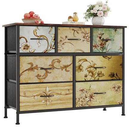 MUTUN Kommode mit 7 Schubladen für Schlafzimmer, hohe Stoffkommode Stoffkommode Kommode mit Metallrahmen für Wohnzimmer Schlafzimmer Flur, Rustikales Braun