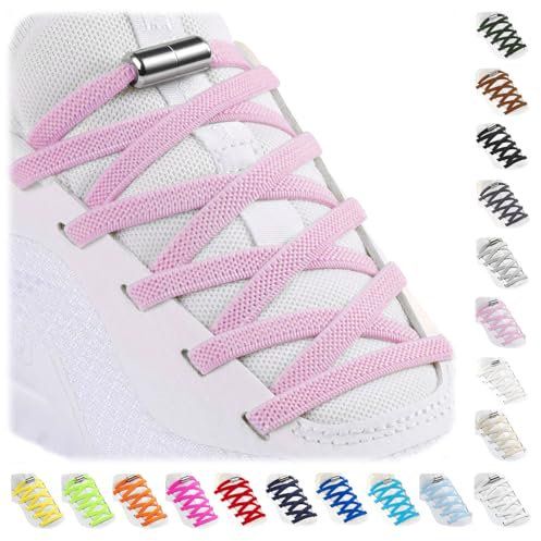 Stepace 1 Paire Élastiques Lacets avec Fermeture en métal, Plats Élastiques Lacets sans Nœud Universels pour Enfants et Adultes, Adaptés aux Chaussures de Sport Course Rose