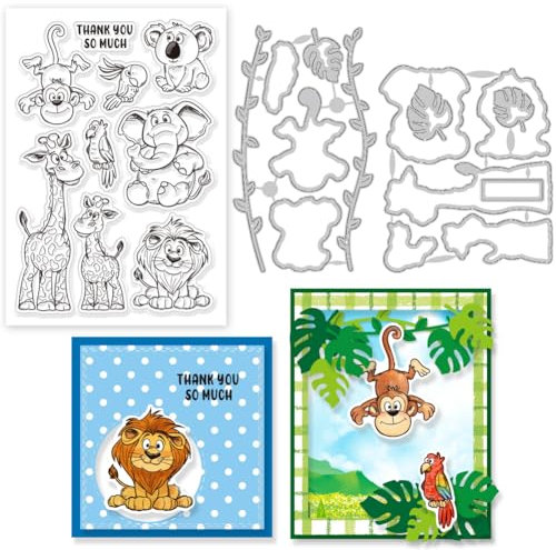 GLOBLELAND Wildlife Clear Stamps Elephant Koala Giraffe Lion Frame Cutting Dies Set Silicone Transparent Stamp Metal Die Cuts for Card Making and DIY Embossing Scrapbooking Craft Decor