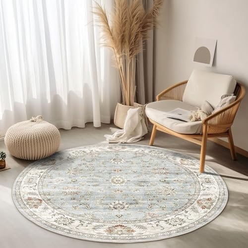 WITSHOCK Teppich Wohnzimmer Rund 120 cm: Waschbarer Boho, rutschfest, Kurzflor, Vintage Schlafzimmer, Teppich Küche Flur Esszimmer für Kinder & Haustiere Geeignet-Hellblau