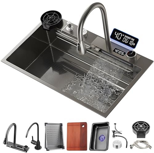 Fregadero de acero inoxidable multifuncional y lavaplatos, diseño de fregadero individual grande estilo cascada, fregadero de cocina, lavaplatos doméstico (un color 75x45x22cm) (un color 80x45x2