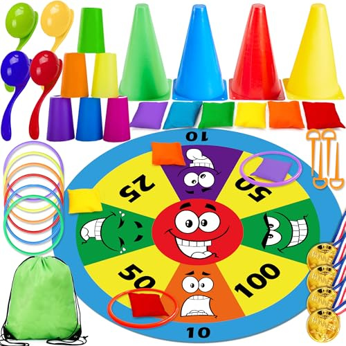 Edmirfun 4-In-1 Wurfspiel Set Für Draußen, 40 Pcs Outdoor Spiele Für Kinder 3 4 5 6 Jahre & Erwachsene Mit Stowaway-Rucksack, Wurfkegel, Expression Wurf Scoring Matte, Gartenparty & Kindergeburtstag