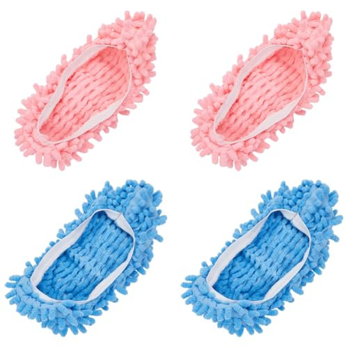 CREATCABIN 4Pcs Shoes Cover Dust Duster Mop Slippers Shoes Blue Pink Mop Slippers Floor Cleaning Tools Shoe Cover Washable Reusable Microfiber Foot Socks Coral Velvet Silent Non-slip Shoe Cover 11inch