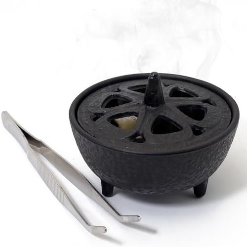 BEYLAB Porte-encens en Fonte avec Couvercle Forme Fleur Lotus, Support Polyvalent pour Tout bâton d'encens, cône, résines, décoration Zen Japonaise Traditionnelle, aromathérapie et Pleine Conscience