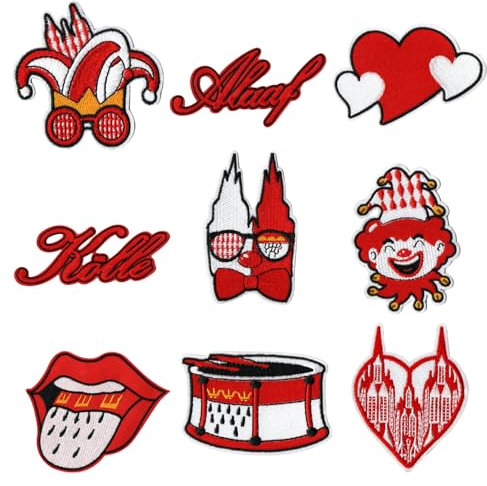 GWAWG 9 Stück Kölner Karneval Rot Weiß Bügelflicken, Bügelbilder für Karnevalskostüme, Kleidung Accessoires, Jeans, Hüte, Basteln, Perfekt für Köln Karneval