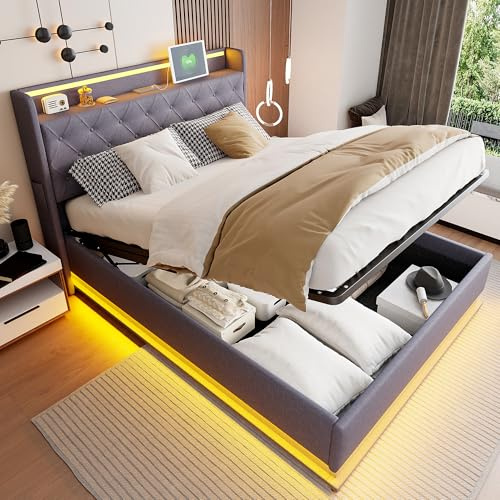 Bett 140x200 mit LED und USB, Polsterbett 140x200cm mit Stauraum und Kopfteil, Doppelbett mit Lattenrost aus Metallrahmen, Stauraumbett Hydraulisches Jugendbett Modernes Bettgestell aus Leinen, Grau