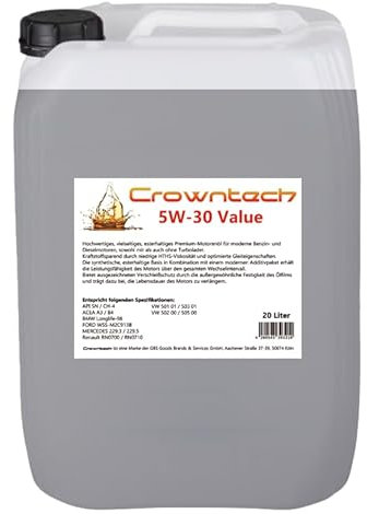20 Liter Motoröl 5w30 Crowntech Value für VW 502.00/505.00 MB229.3/229.5, Longlife-98, C30