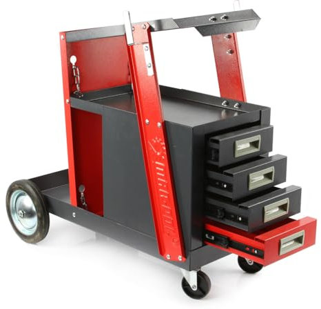 Wagen für Schweißgerät PAW MIG TIG | Gesamtmaße 71 x 38 x 68,5 cm | max. Belastung 60 kg | Ablage für Zubehör | Ablage für Flasche | 4 Schubladen | 2 Haken für Taschenlampe | mit Rollen