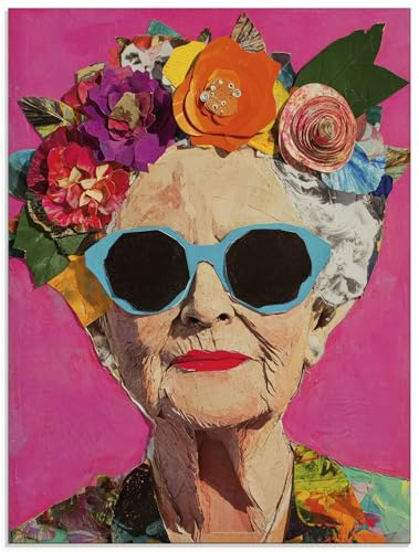 ARTland Wanddeko Glasbilder Wandbild Glas Bild 60x80 cm Porträt alte Frau mit Sonnenbrille Blumen Farben Collage U5MQ