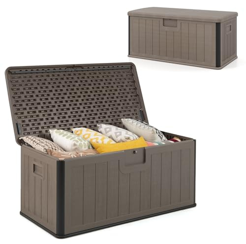 HOMASIS 378L Auflagenbox mit Rollen, XXL Gartenbox aus HDPE wetterfest, abschließbar Aufbewahrungsbox mit Deckel, Kissenbox Kissentruhe Auflagentruhe Gartentruhe, 130 x 64 x 59 cm (Braun)