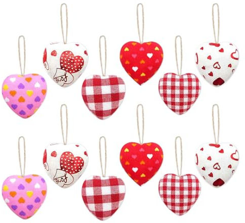 12 Pcs 3D Hanging Heart Decorations, Valentines Day Decorations, Multicoloured Striped Hearts Themed Outfit, Valentines Day Heart Baubles for Valentine's Wedding Anniversary Romantic Party Supplies