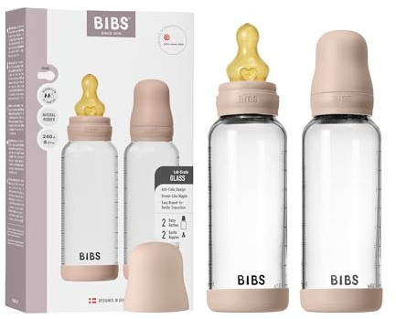 BIBS Babyflasche aus Glas, 240 ml, 2-pack, Naturkautschuk-Sauger, Blush | Anti-Kolik | Naturkautschuk-Sauger | Mittlerer Fluss | Stillfreundlich | Hergestellt in Dänemark | BIBS Sauger
