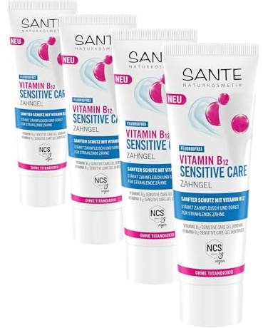 SANTE Naturkosmetik Vitamin B12 Sensitive Care Zahngel - 75 ml - mit Meersalz, Xylit & Vitamin B12 - vegan, fluoridfrei & ohne Titandioxid - Zahnpflege für empfindliches Zahnfleisch (Packung mit 4)