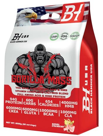 GORILLA Mass Gainer Protein – Advanced Weight Gainer for Fast Muscle Mass, Power & Strength | Black Hammer USA (8000g, Banane-Erdbeere)