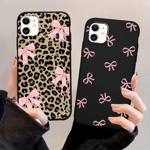 Yoedge 2 Pack Stylish Pink Bow Leopard Phone Case for iPhone 11 6.1,Cartoon Leopard Print Aesthetic Cases Design Pattern Cases for Girls Women Boys,Soft Silicone TPU Protective Cover Funda