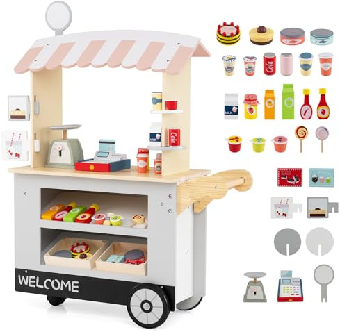 HOMASIS Chariot à Collations en Bois pour Enfants, Stand de Supermarché avec Caisse Enregistreuse, Chariot Educatif avec Auvent, Jeu d'Imitation avec 30 Accessoires pour Enfant 3 Ans+ (Gris Clair)