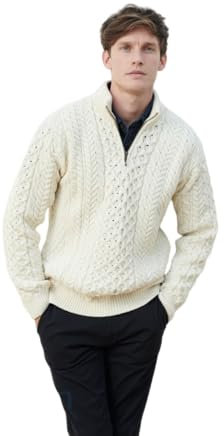 Maglione con Mezza Zip Irlandese Aran in Lana Merino da Uomo (Bianco, L)
