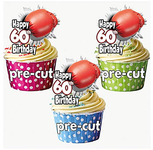AK Giftshop PRECUT Boxing Glove - 60th Birthday - Edible Cupcake Toppers/Cake Decorations (Pack of 12)