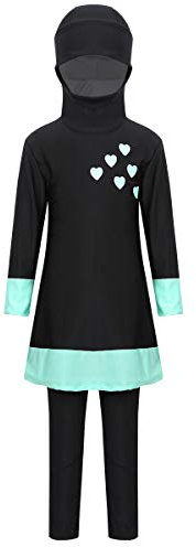 iEFiEL Modest Muslimische Badeanzug für Mädchen lang Islamische Badebekleidung Hijab Konservative Ganzkörper Bademode Full Cover Burkini Set Schwarz 152-164