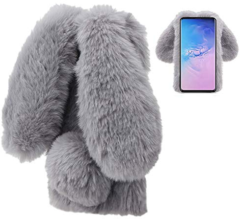 LCHDA Plüsch Hülle für Samsung Galaxy A50 Künstlicher Haar Flauschige Kaninchen Handyhülle Mädchen Süße Hasenohren Fell Niedlich Handytasche Stoßfest Schützend TPU Silikonhüll- Grau