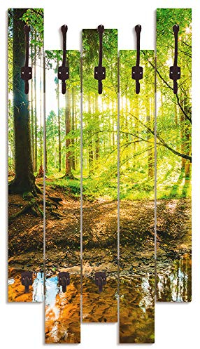 ARTLAND Wandgarderobe Garderobenpaneel Holz mit 8 Haken 63x114 cm Design Garderobe mit Motiv Natur Wald Bach Herbst Grün T9IO