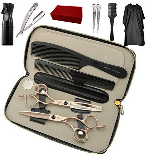 Haarschere Set,Scheren-Sets,Professionelle Friseurscheren und Effilierschere, Perfekter Effilierschere Premium Haarschneideschere Licht Einseitiger Effilierer,mit Haarschneideumhang Schwarz