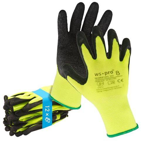 Trevendo 12 Paar Arbeitshandschuhe - neongelbe Montagehandschuhe mit Latex Beschichtung (Größe 8)