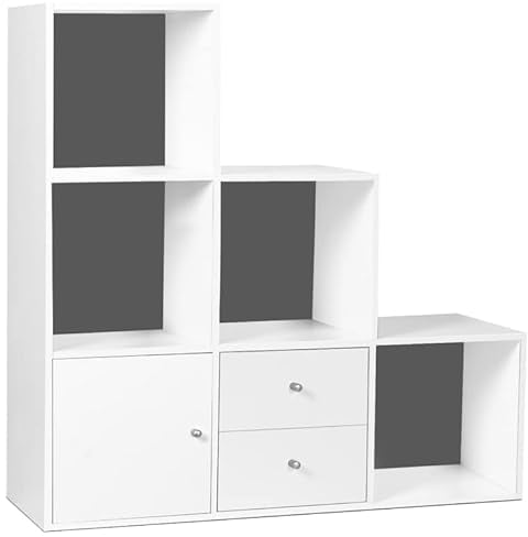 IDMarket Liam - Mueble de almacenamiento de escalera de 3 niveles de madera, color blanco, fondo gris, con puerta y cajones