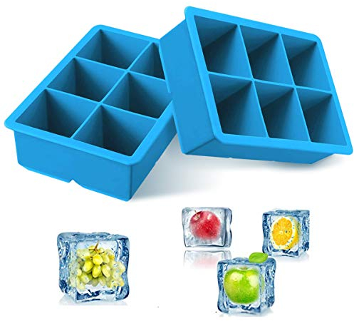 iNeibo Silicone Large Ice Cube Tray Silicone Ice Mold - Make 6 Pieces 2 Inch Ice Cube for Whiskey Drinking, A Must-Have for Cooling Bar Drinks Make Fun Ice Food (Blue, 2 Pack)