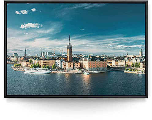 BilderKing Wandbild Stockholm Skyline - 90cm x 60cm Leinwand auf 2cm Keilrahmen mit Schattenfugenrahmen schwarz