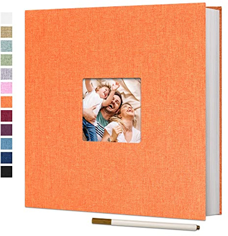 Vienrose Selbstklebendes Fotoalbum, 60 Seiten, 28x27 cm, Orange | Fotoalbum zum Einkleben und Selbstgestalten, Groß Leinen Photoalbum, Metallstift, Hochzeit Jahrestag Reise Geburtstag