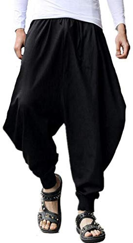 AITFINEISM Men's Drawstring Casual Hippie Harem Pants Loose Drop Crotch Trousers (M,Black)