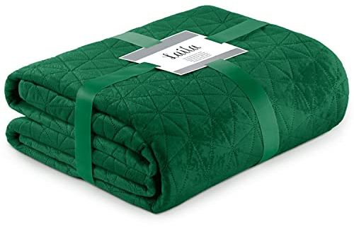 konsimo Laila Tagesdecke Überwurfdecke Decke Bettüberwurf Sofaüberwurf Plaid Schlafdecke Deko Velvet 170x210 cm Dunkelgrün/Hellgrün