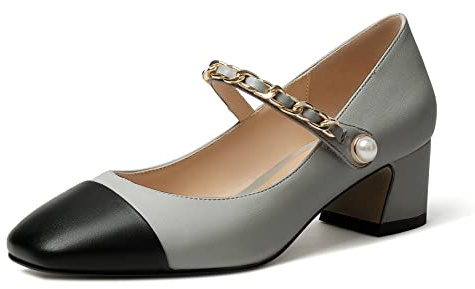 Elashe Damen Blockabsatz Pumps 2'' Block Heels Quadratischer Zehen Pumps Klassische Mary Jane Schuhe Grau EU37