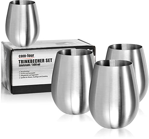 com-four® 4x Weinglas aus Edelstahl - Weinbecher 500 ml für Reisen - Edelstahl-Becher To Go - Stielloser Wein-Kelch - Reisebecher BPA-frei (4 Stück - 500ml matt)