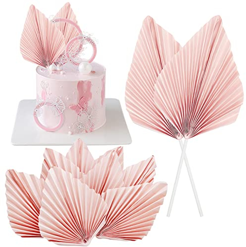 Pink Paper Palm Fan Cake Toppers, Wieat 8 Pcs Happy Birthday Cake Decorations, Palm Spear Leaf Cupcake Toppers Cake Insert Decoration, Craft DIY Bakeware Decoration for Birthday Party Wedding Supplies