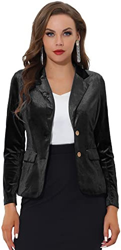 Allegra K Damen Samt Blazer Vintage gekerbtes Revers Knopfleiste vorne Arbeitsanzug Jacke, Schwarz , 44