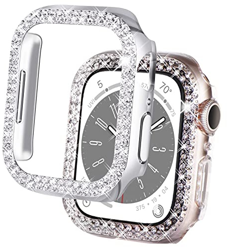 DEALELE [2-Pack] Uhrengehäuse Kompatibel mit Apple Watch Series 6/5 / 4 / SE 40mm, Glitzer 2-Reihen Diamant Schutzhülle Stoßstange Ersatz Protektor Uhrenabdeckung (40mm, Silber+Transparent)