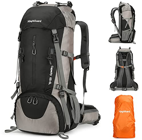 King'sGuard 50 l Wanderrucksack mit Regenschutz, leichter Reiserucksack, wasserdichter Camping-Rucksack – rahmenlos, Schwarz, 50L, Reiserucksäcke