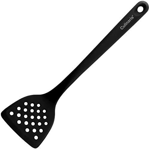 Culinaris Silikon Pfannenwender gelocht • Hitzebeständiger Wender zum Kochen BBQ Grillen • BPA frei Lebensmittelqualität • Gelochter Wender Spülmaschinengeeignet • Farbe Schwarz (L 33 cm x B 8,5 cm)